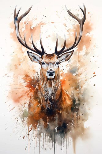 Red deer portrait in watercolour