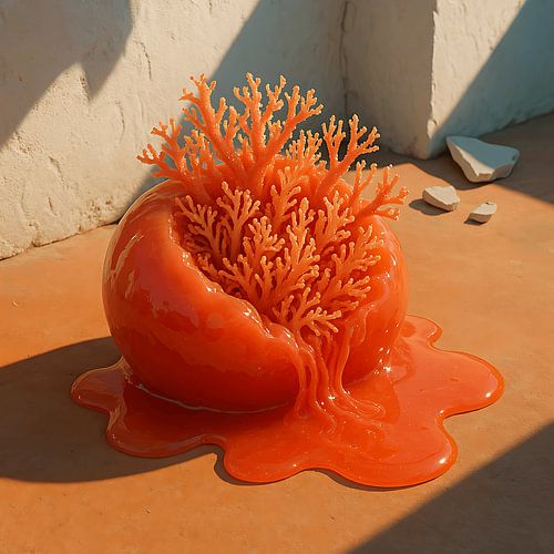 Zonvlam in Vormen: Smeltende Vrucht met Koraalstructuur – Organische Surrealistische Kunst