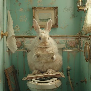 Fluffy bunny reads newspaper on toilet by Felix Brönnimann