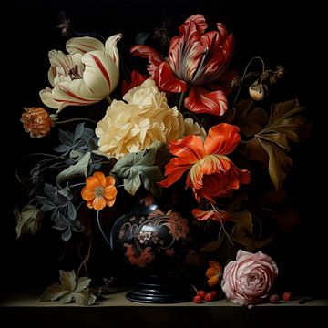 Vaas met bloemen zwarte achtergrond van TheXclusive Art