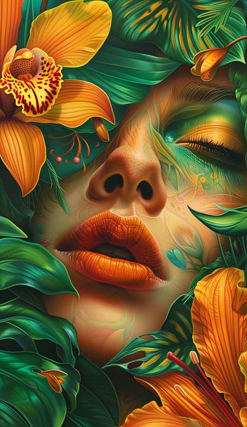 Tropische Verhulling: Een Gezicht tussen Bloemen van Color Square