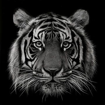 dramatic black and white portrait photo rendering of a tiger's head looking straight into the camera by Margriet Hulsker