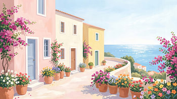 Pastellfarbenes mediterranes Dorf am Meer