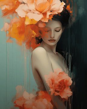 Portrait en orange et rose d'une jeune femme entourée de fleurs sur Carla Van Iersel