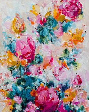 Happy Hour at the Rabbit Hole - colourful flower painting by Qeimoy