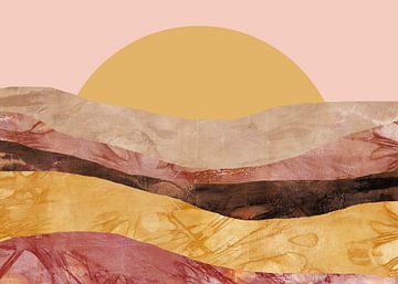 Zen kunst. Abstract landschap in Japanse stijl in geel, roze, beige. van Dina Dankers