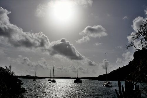 Zwart-wit compositie van water, zeilboten en zon