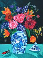 Kleurrijke Vrolijke Bloemen in Delfts Blauw en Vlinders en Insecten | Oude meesters met een knipoog