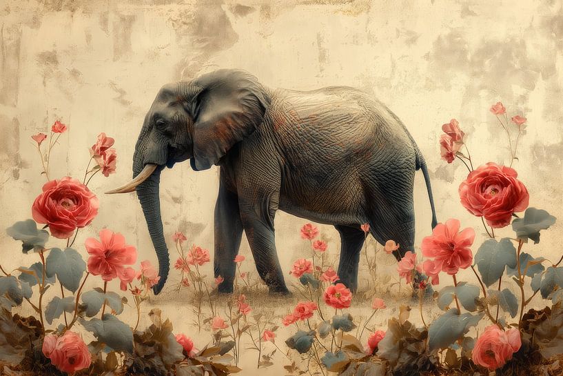 Elegantie in Bloei - Olifant en Rozen van Eva Lee