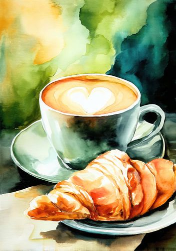 Coffee with croissant - watercolour