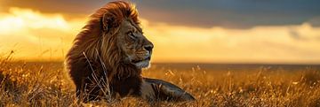 Panorama van een leeuw tijdens het gouden uur van Digitale Schilderijen