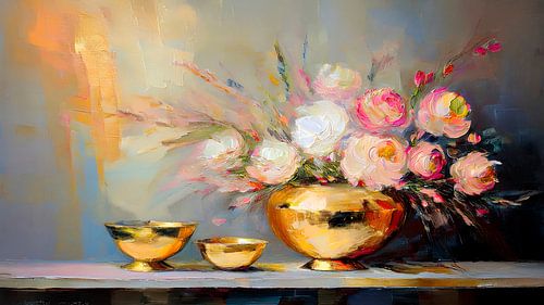 Stillleben: Pfingstrosen auf goldener Vase