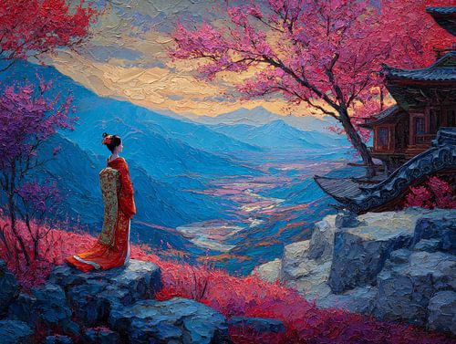 Oil painting of a geisha in a Japanese landscape