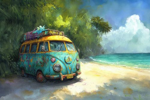 Painting of a colourful, vintage hippie bus parked on a beach,