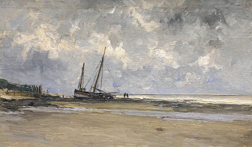 Carlos de Haes Painting of sea creatures, coastal ships, antique landscape by finemasterpiece