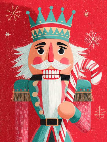 Festive nutcracker with crown and candy cane on red background full of Christmas magic