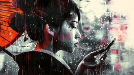 Geisha behind a rain-soaked window by Frank Heinz