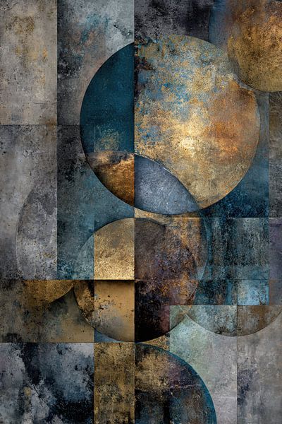Abstract Schilderij - Blauw Goud Mysterieus en Geometrisch van Joriali Abstract