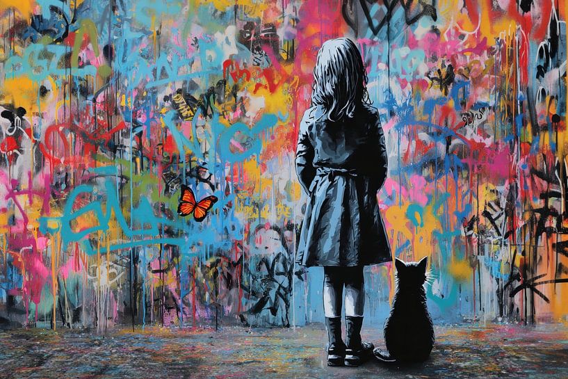 Fille avec chat - peinture graffiti de rue vivante par BowiScapes Art Abstrait  et digital