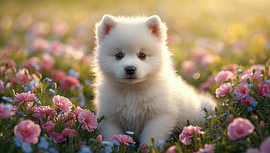 A Samoyed puppy is sitting in the sunlight by Bo Valentino