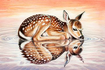 Hert met spiegelbeeld in water van Art & Soul Creations