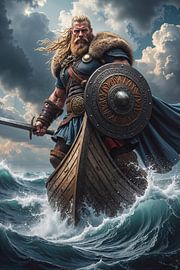 Dark Fantasy Wandbild: NORDVAR - Ein Wikinger auf seinem Boot vor dem Angriff von INFERAURUM