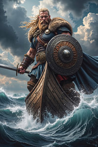 Dark Fantasy Wandbild: NORDVAR - Ein Wikinger auf seinem Boot vor dem Angriff