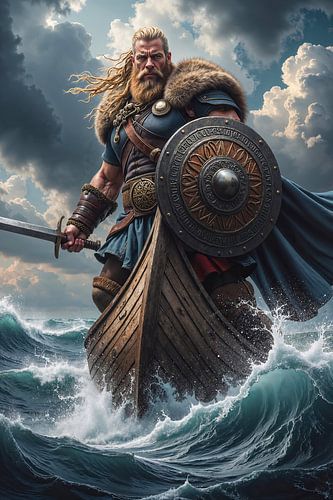 Dark Fantasy Wandbild: NORDVAR - Ein Wikinger auf seinem Boot vor dem Angriff