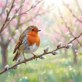 Rouge-gorge printanier sur une branche de saule