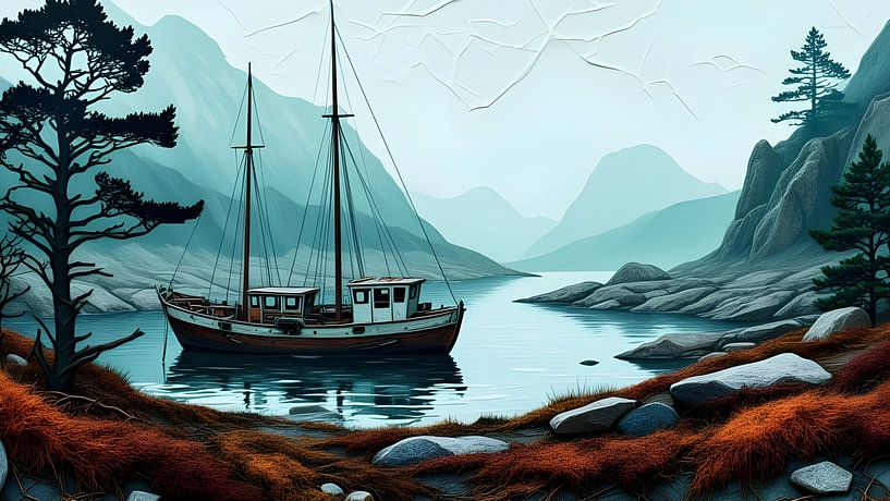 Fjordlandschaft mit Fischerboot von Nick Wendt