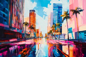 Levendig uitzicht op de stad met palmbomen van Poster Art Shop