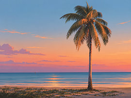 Eine einzelne Palme am Strand bei Sonnenuntergang