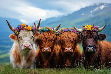 Versierd Schots vee in een Alpenlandschap van MArt