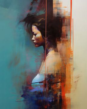 Modern portret in blauw en oranje van Carla Van Iersel