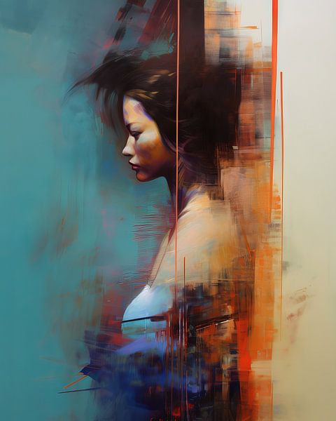 Modern portrait in blue and orange by Carla Van Iersel