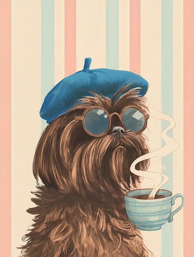 Shih Tzu met franse baret en koffie