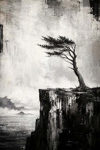Baum im Sturm am Rand der Klippe