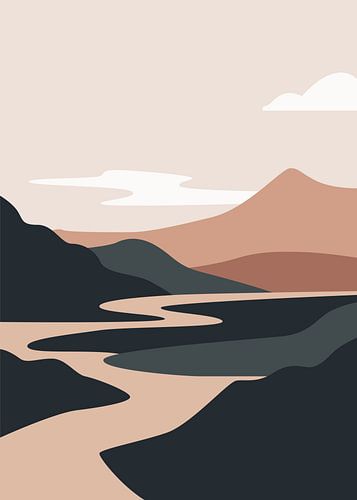 Minimalistische landschapsvector met kronkelende riviervalleien en gelaagde bergsilhouetten in ingetogen aardetinten.