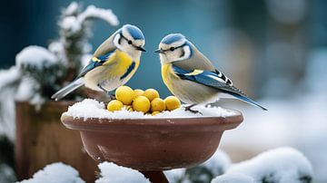 Cyanistes caeruleus Pimpelmezen Vogels voeden zich bij een voederhuisje in de winter als er sneeuw in de tuin ligt van Animaflora PicsStock