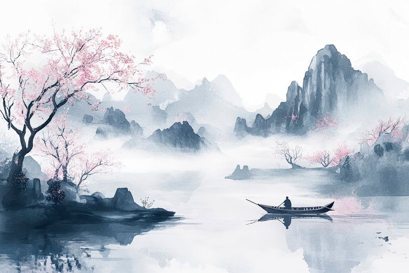 Peaceful landscape with boat and mountains by Poster Art Shop