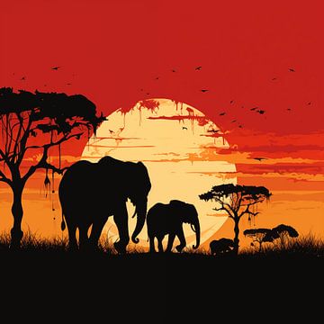 Silhouette d'éléphant coucher de soleil minimalisme sur TheXclusive Art
