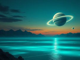 Twilight Serenity of Azure Depths: A Majestic Ringed Planet's Glimmering Reflection on a Tranquil Alien Ocean Under a Fading Martian Sunset by Artistic