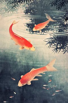 Three koi carp in oriental-style pond by Vlindertuin Art