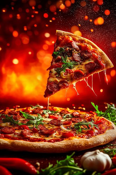 Käseziehender Pizzastück über Feuerhintergrund von Poster Art Shop