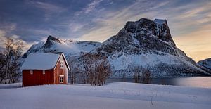 Rote Hütte im Schnee am Steinfjorden mit gefrorenen Bergen im Hintergrund, Senja, Norwegen