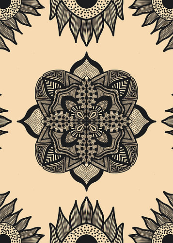 Intricate Black Floral Mandala Line Art on Cream Background