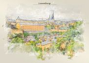 panorama van Luxemburg in schetsstijl van Ariadna de Raadt-Goldberg thumbnail