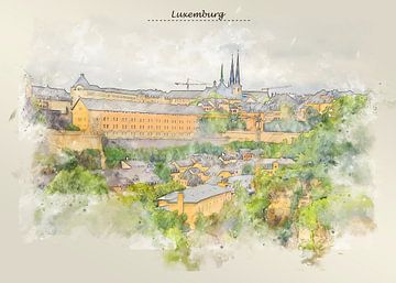 panorama van Luxemburg in schetsstijl van Ariadna de Raadt-Goldberg