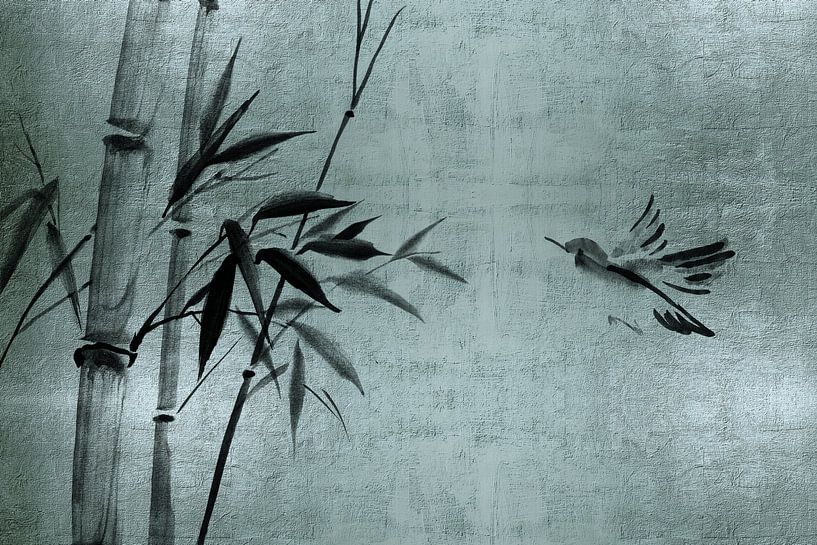 Aziatische minimalistische muurkunst in blauwgroen - Wabi Sani van Atelier UNBUNT
