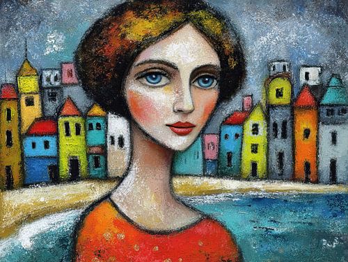 Woman with Blue Eyes and Houses by Abstract Painting